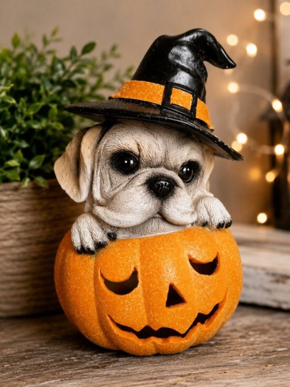 Halloween Witch Dog Light-Up Pumpkin Resin Statue Bulldog Pug Decor 9”